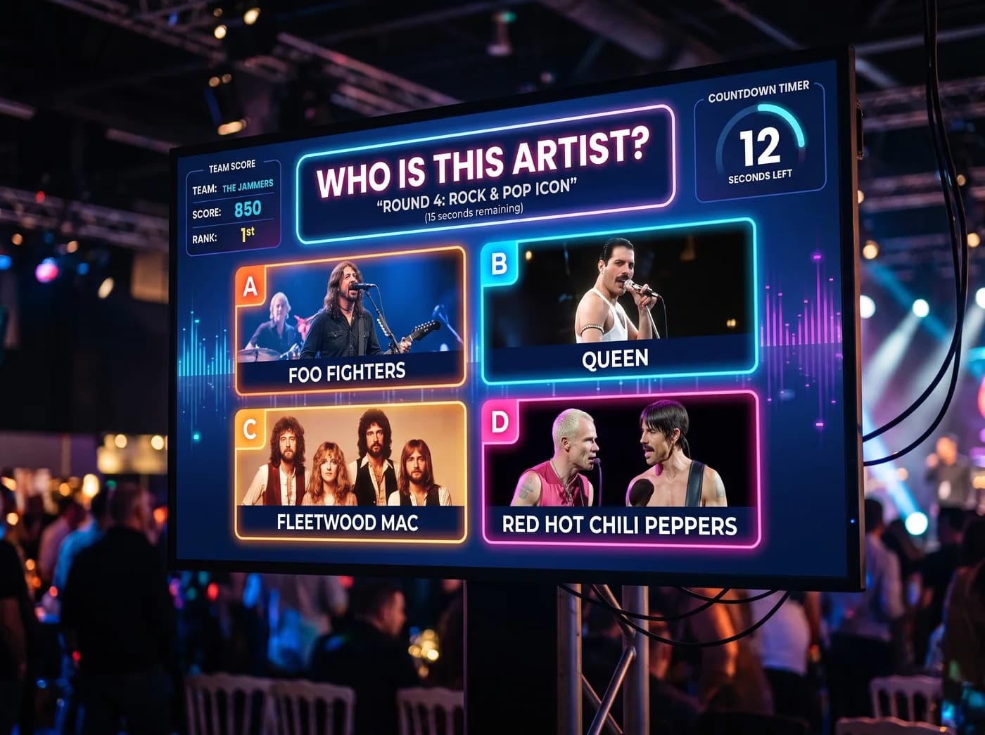 Live music trivia quiz screen — Who is this artist? with multiple-choice answers